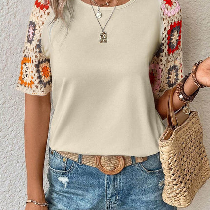 Geometric Round Neck Short Sleeve Blouse - MimiStylez