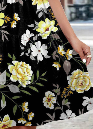 Printed Round Neck Tiered Dress - MimiStylez
