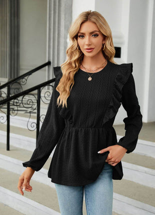 Round Neck Ruffled Peplum Blouse - MimiStylez