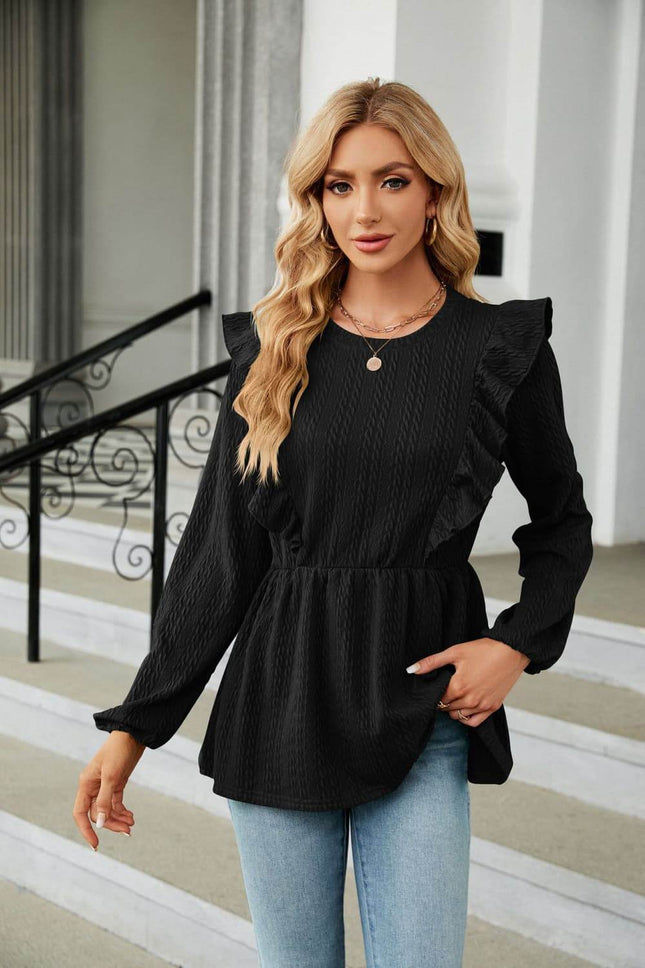 Round Neck Ruffled Peplum Blouse - MimiStylez
