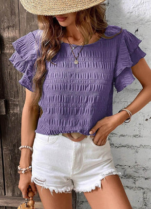 Round Neck Flounce Sleeve Blouse - MimiStylez