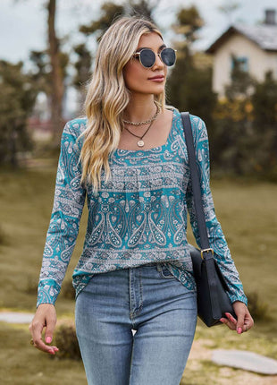Printed Square Neck Long Sleeve Blouse - MimiStylez