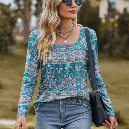 Printed Square Neck Long Sleeve Blouse - MimiStylez