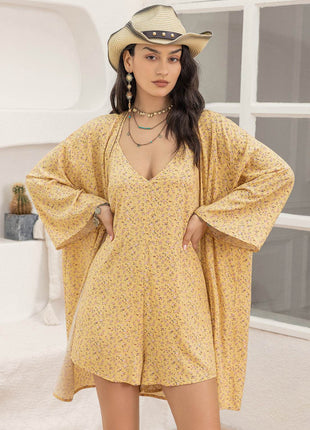 Printed Halter Neck Romper and Cover Up Set - MimiStylez