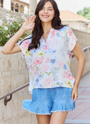 White Birch One And Only Full Size Short Sleeve Floral Print Top - MimiStylez