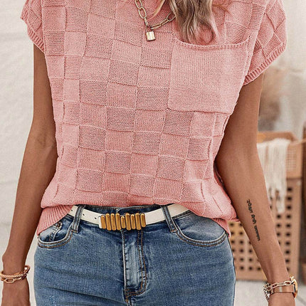Plaid Pocketed Round Neck Sweater - MimiStylez