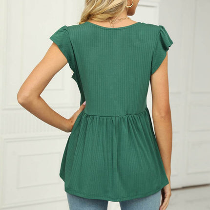 V-Neck Flutter Sleeve Babydoll Blouse - MimiStylez