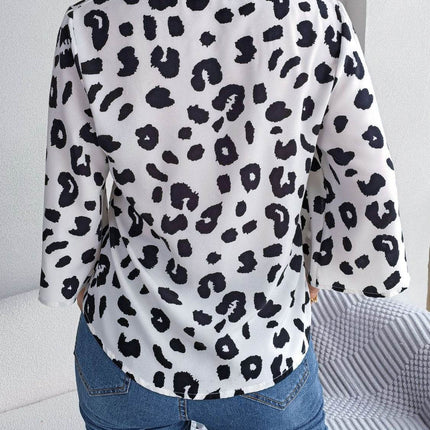 Tied Button Up Leopard V-Neck Blouse - MimiStylez