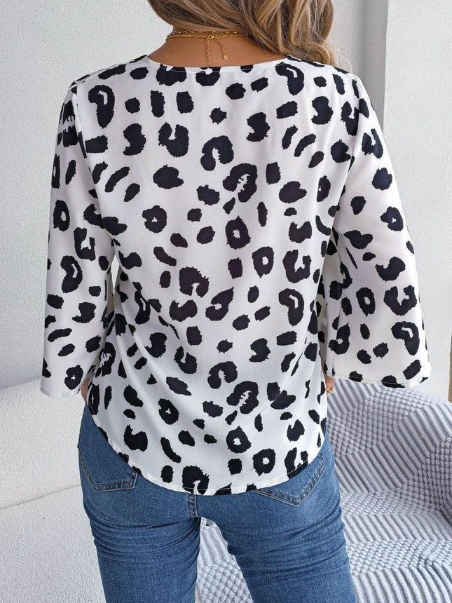 Tied Button Up Leopard V-Neck Blouse - MimiStylez