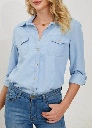 Pocketed Button Up Long Sleeve Denim Shirt - MimiStylez