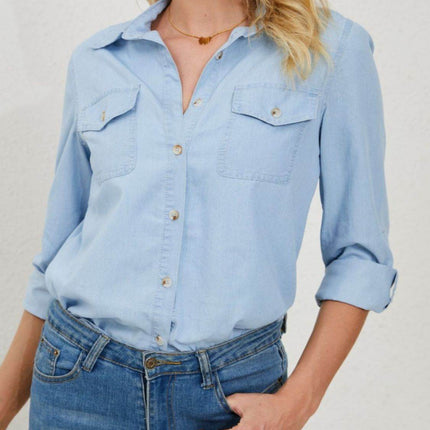 Pocketed Button Up Long Sleeve Denim Shirt - MimiStylez