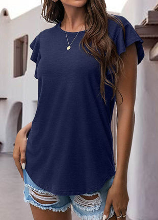 Ruffled Round Neck Cap Sleeve Blouse - MimiStylez