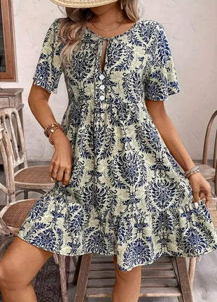 Printed Tie Neck Short Sleeve Dress - MimiStylez