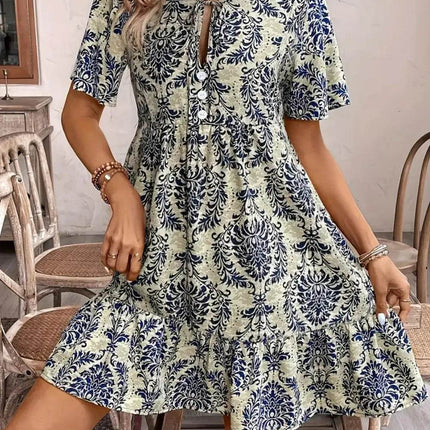 Printed Tie Neck Short Sleeve Dress - MimiStylez