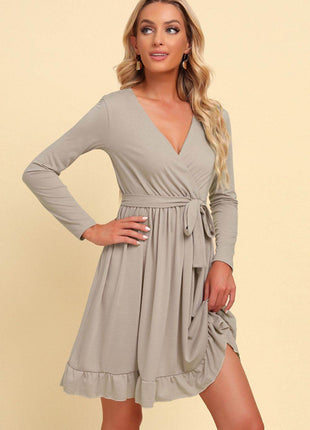 Long Sleeve Tie Waist Ruffle Hem Dress - MimiStylez
