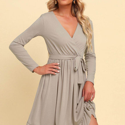 Long Sleeve Tie Waist Ruffle Hem Dress - MimiStylez