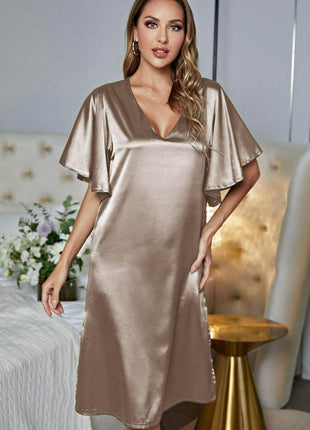 Satin Flutter Sleeve Side Slit V-Neck Night Dress - MimiStylez