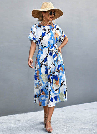 Round Neck Short Sleeve Tie Waist Midi Dress - MimiStylez