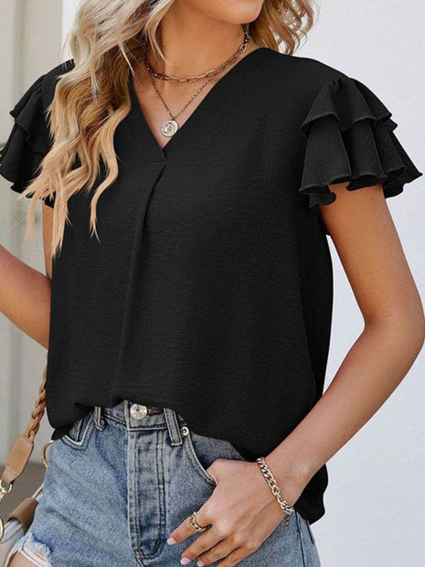 Ruffled V-Neck Cap Sleeve Blouse - MimiStylez