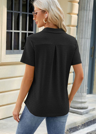 Pocketed Johnny Collar Short Sleeve Blouse - MimiStylez