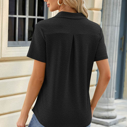 Pocketed Johnny Collar Short Sleeve Blouse - MimiStylez
