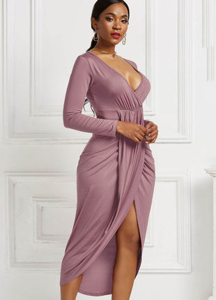 High-low Ruched Surplice Long Sleeve Dress - MimiStylez