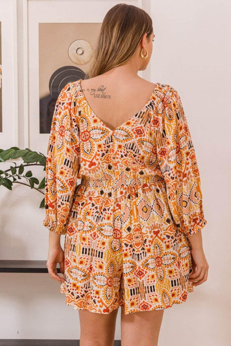 ODDI Full Size Printed Ruff Sleeve Romper with Pockets - MimiStylez