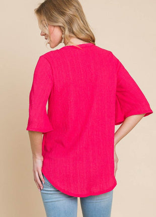 BOMBOM Texture Decorative Button V-Neck Top - MimiStylez