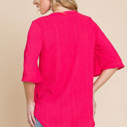 BOMBOM Texture Decorative Button V-Neck Top - MimiStylez