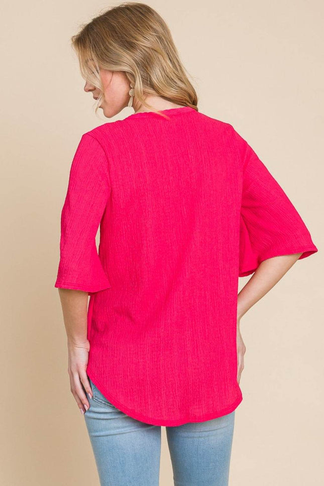 BOMBOM Texture Decorative Button V-Neck Top - MimiStylez