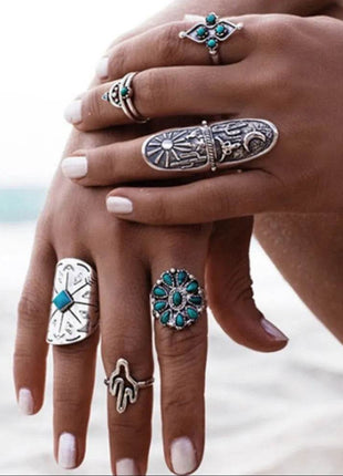 Alloy Turquoise 9-Piece Ring Set - MimiStylez