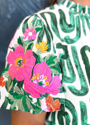 Embroidered Printed Mock Neck Short Sleeve Blouse - MimiStylez