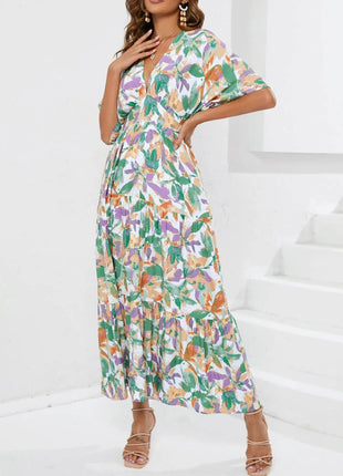 Floral Print V-neck Boho Midi Dress - MimiStylez