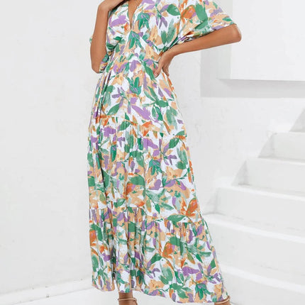 Floral Print V-neck Boho Midi Dress - MimiStylez