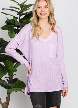 Reborn J Waffle Knit V-Neck Long Sleeve T-Shirt - MimiStylez