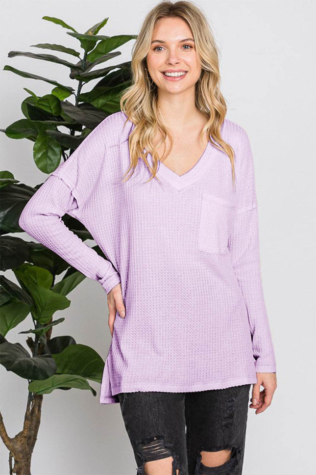 Reborn J Waffle Knit V-Neck Long Sleeve T-Shirt - MimiStylez