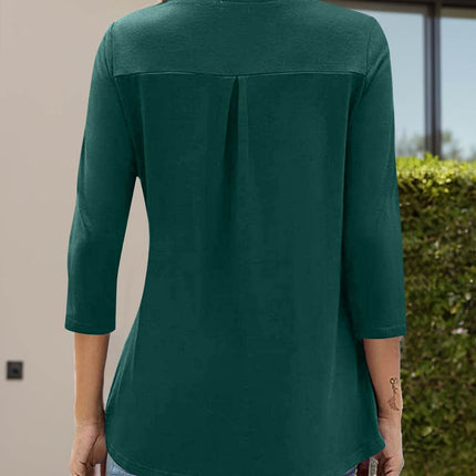 Notched Three-Quarter Sleeve T-Shirt - MimiStylez