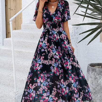 Smocked Floral V-Neck Short Sleeve Dress - MimiStylez
