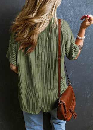 Textured V-Neck Dropped Shoulder T-Shirt - MimiStylez