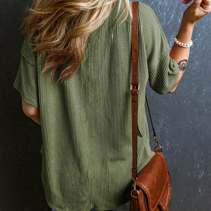 Textured V-Neck Dropped Shoulder T-Shirt - MimiStylez