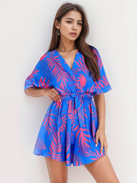 Printed Surplice Half Sleeve Romper - MimiStylez