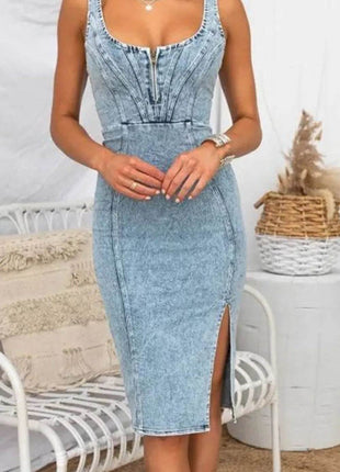 Side Slit Washed Scoop Neck Denim Dress - MimiStylez