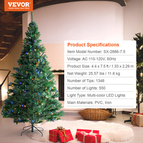 7.5FT Pre Lit Christmas Tree With 550 Multi-Color LED Lights, 1346 Branch Tips, Metal Base