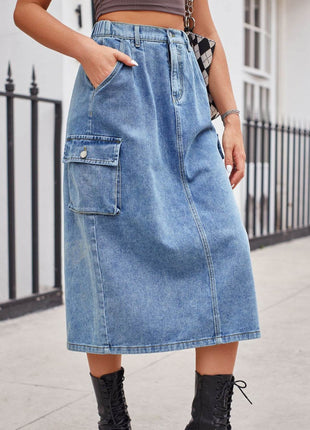 Slit Buttoned Denim Skirt with Pockets - MimiStylez