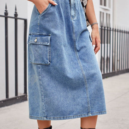 Slit Buttoned Denim Skirt with Pockets - MimiStylez