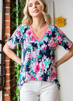 Heimish Full Size Floral V-Neck Short Sleeve T-Shirt - MimiStylez