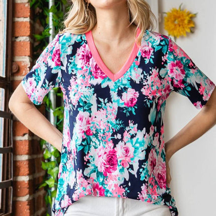 Heimish Full Size Floral V-Neck Short Sleeve T-Shirt - MimiStylez