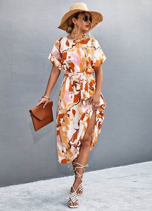 Round Neck Short Sleeve Tie Waist Midi Dress - MimiStylez