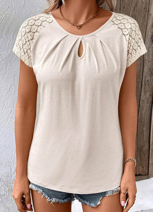 Cutout Round Neck Lace Short Sleeve T-Shirt - MimiStylez