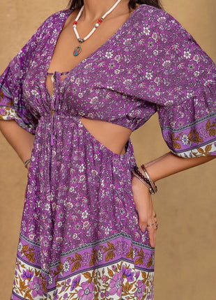 Tied Front Cutout Printed Romper - MimiStylez